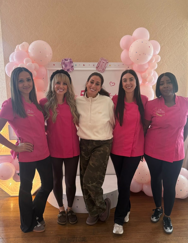 Stacey Solomon with four Glitter Braid Bar stylists in pink at Rose's birthday party