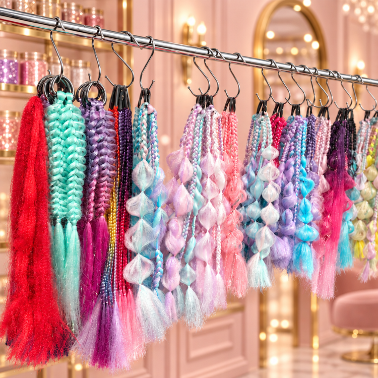 Hair Braids on a chrome rail in a blush and gold boutique setting