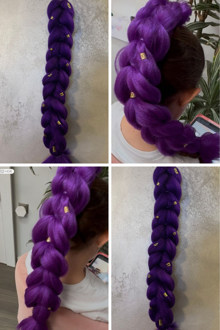 Collage of purple braided hair extensions with gold beads on a neutral background.