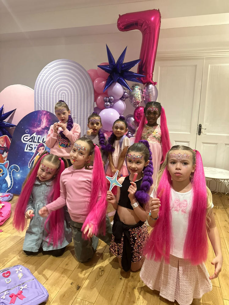 Children with glitter braids at a Glitter Braid Bar party
