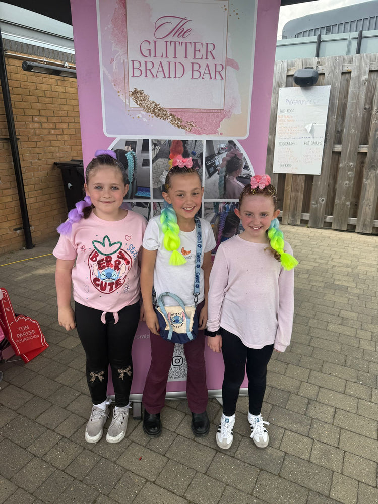 Glitter braids by The Glitter Braid Bar at the Tom Parker charity event at Bromley Football Club
