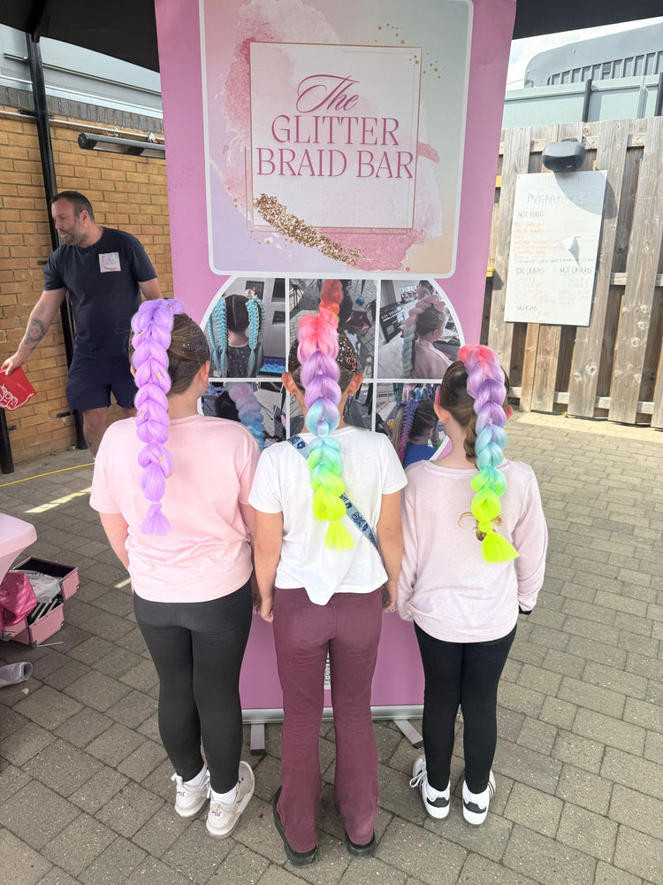 Glitter braids by The Glitter Braid Bar at the Tom Parker charity event at Bromley Football Club