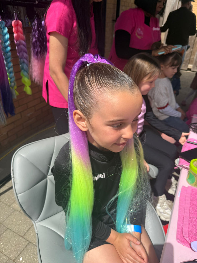 Glitter braids by The Glitter Braid Bar at the Tom Parker charity event at Bromley Football Club