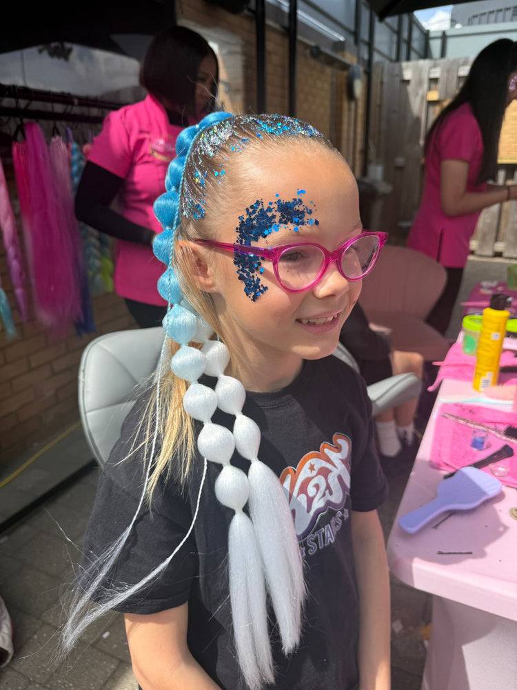 Glitter braids by The Glitter Braid Bar at the Tom Parker charity event at Bromley Football Club