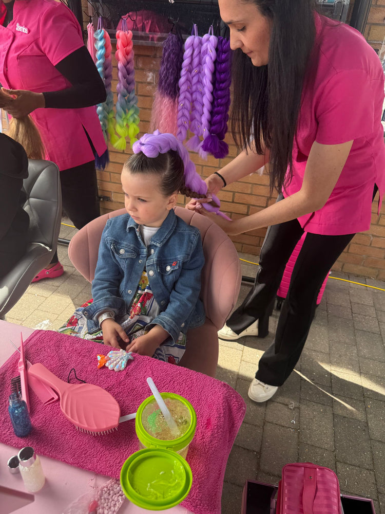 Glitter braids by The Glitter Braid Bar at the Tom Parker charity event at Bromley Football Club