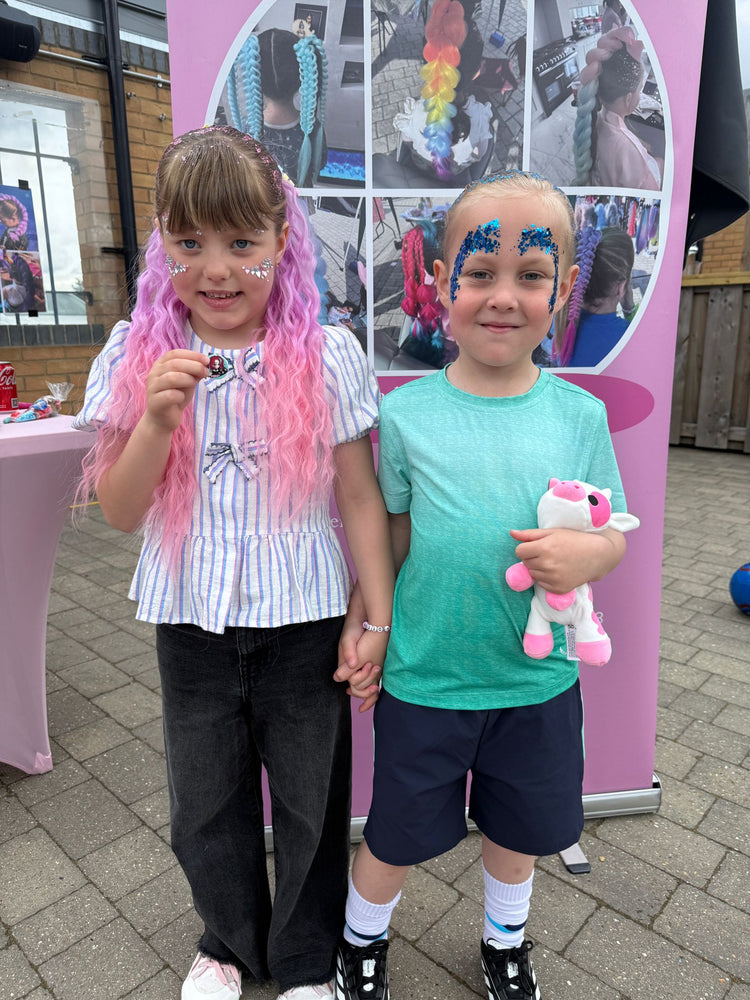 Glitter braids by The Glitter Braid Bar at the Tom Parker charity event at Bromley Football Club