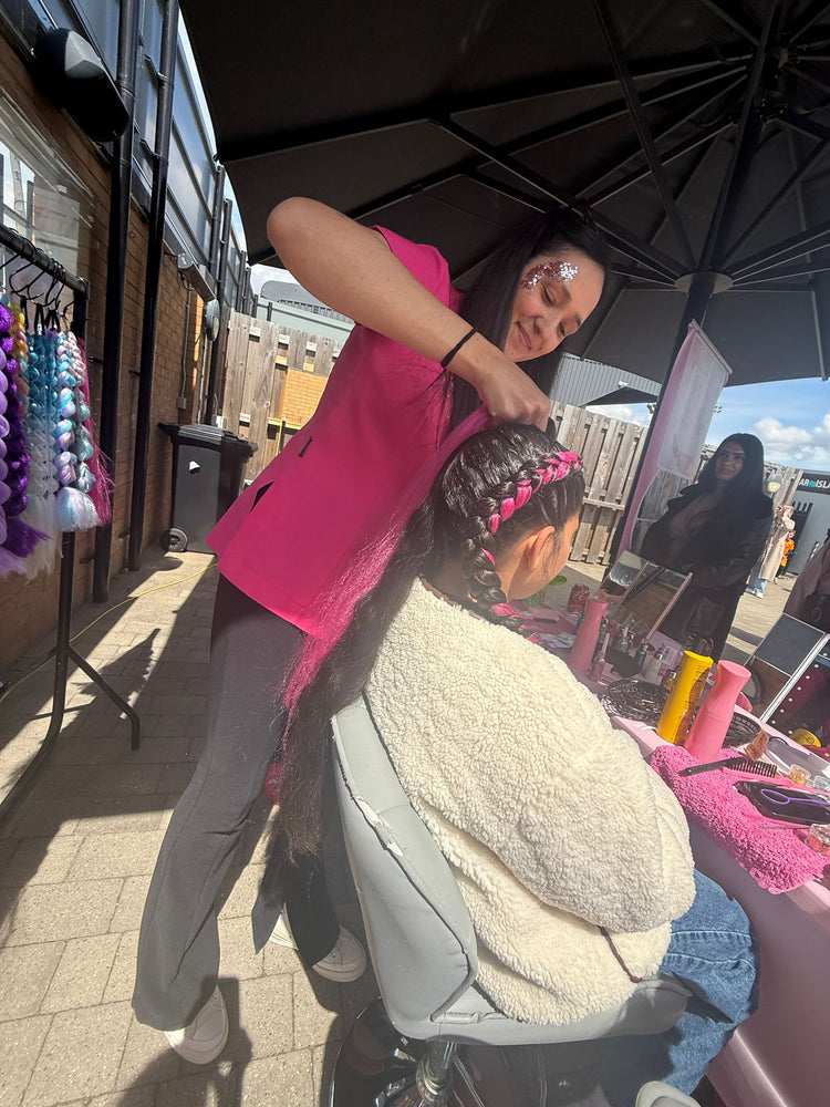 Glitter braids by The Glitter Braid Bar at the Tom Parker charity event at Bromley Football Club