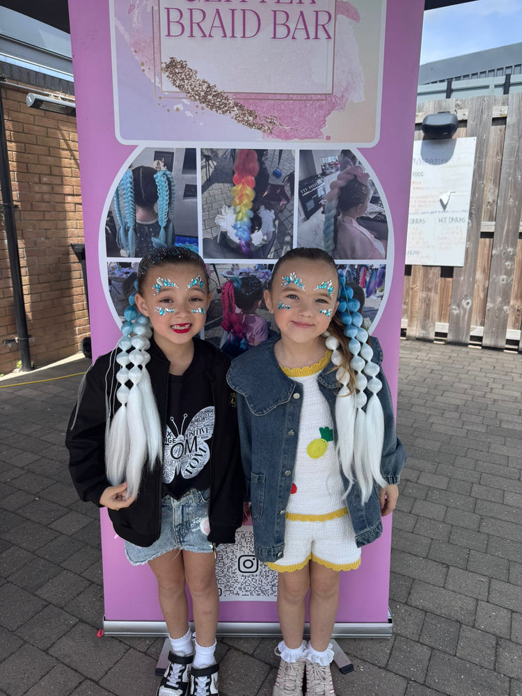 Glitter braids by The Glitter Braid Bar at the Tom Parker charity event at Bromley Football Club