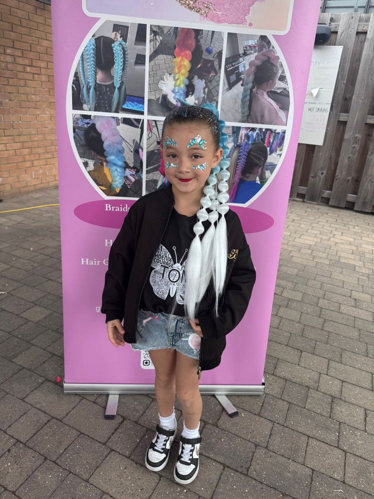 Glitter braids by The Glitter Braid Bar at the Tom Parker charity event at Bromley Football Club