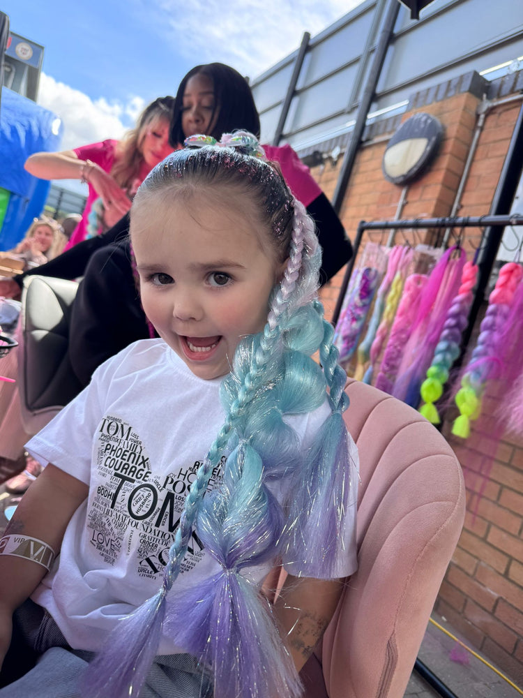 Glitter braids by The Glitter Braid Bar at the Tom Parker charity event at Bromley Football Club