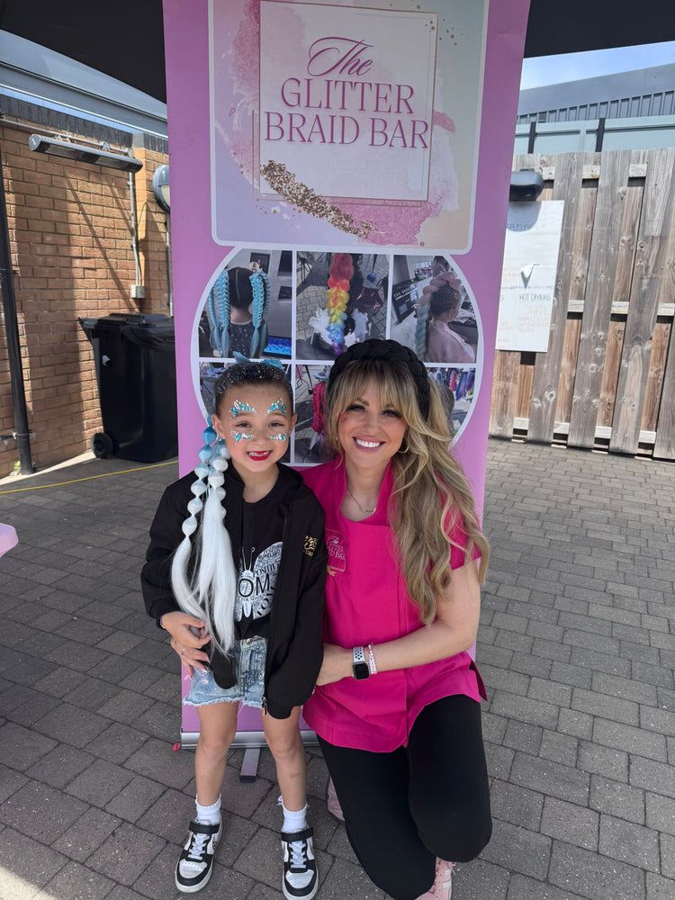 Glitter braids by The Glitter Braid Bar at the Tom Parker charity event at Bromley Football Club