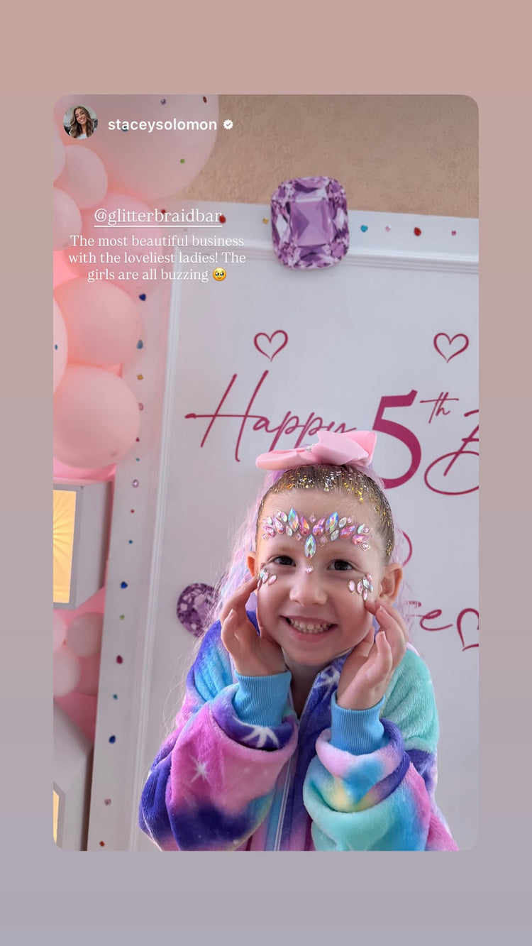 Stacey Solomon's Instagram story praising The Glitter Braid Bar at Rose's birthday party