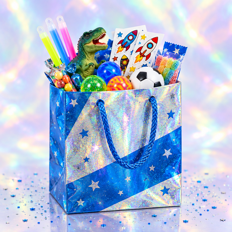 Boys party bag with blue and silver holographic finish