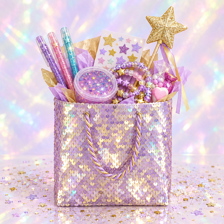 Sparkle & Shine Party Bag in lilac and gold sequin finish filled with glitter pens, a star wand, bracelets and slime