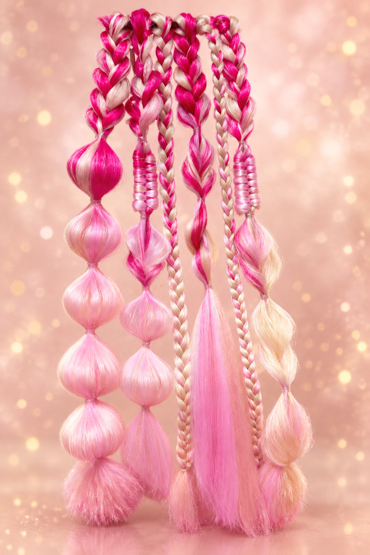 Set of pink, hot pink and blonde bubble braids and plaits against a blush and gold glitter backdrop