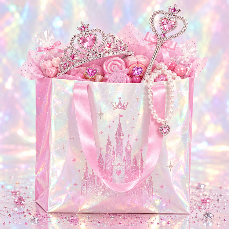 Princess Dream Deluxe Bag in pink and pearl holographic finish filled with a tiara, jewelled wand, pearl necklace and gem rings