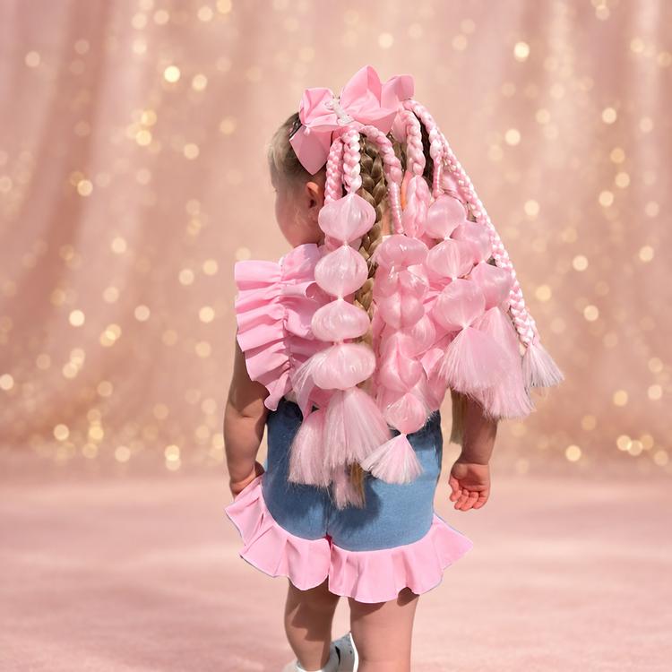 Little girl with pink Ultimate Bubble Braids and a pink bow against a blush and gold glitter backdrop