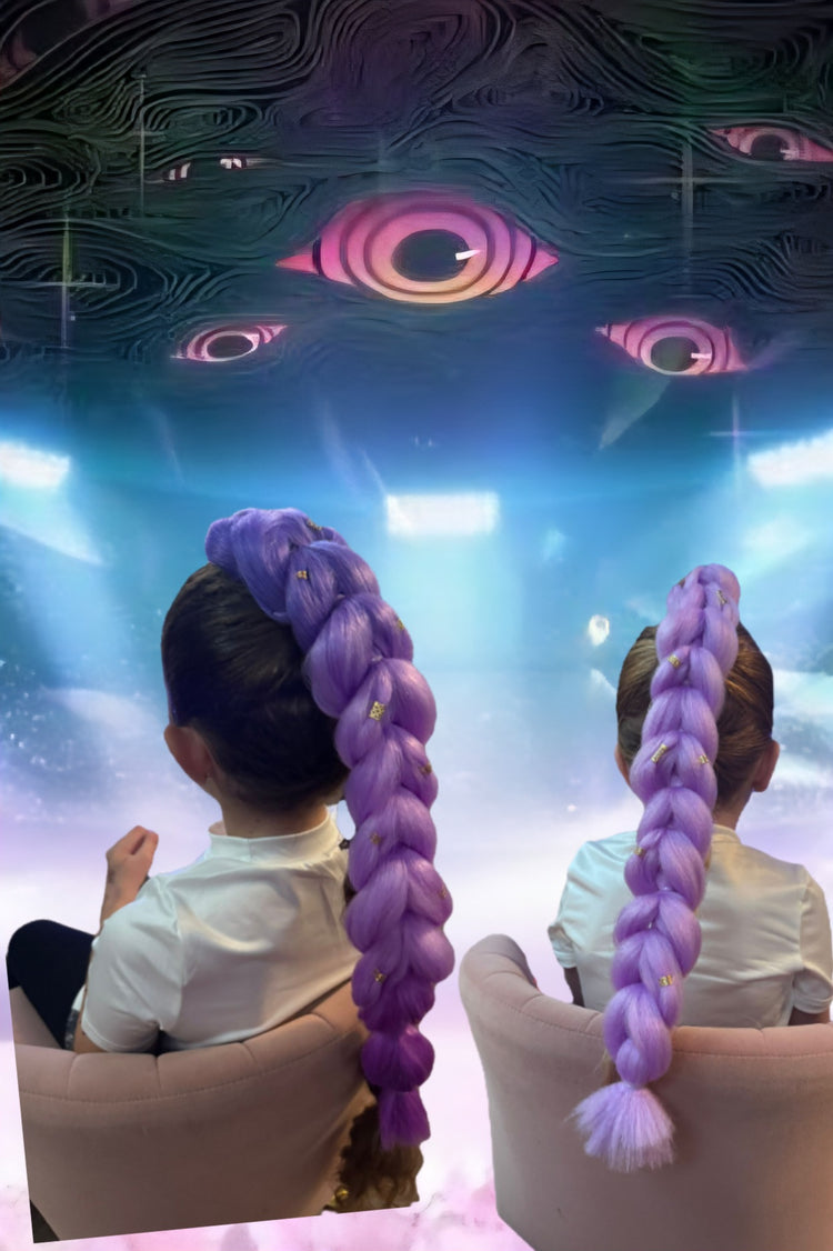 Two braided purple hairstyles in front of a colorful, abstract background.
