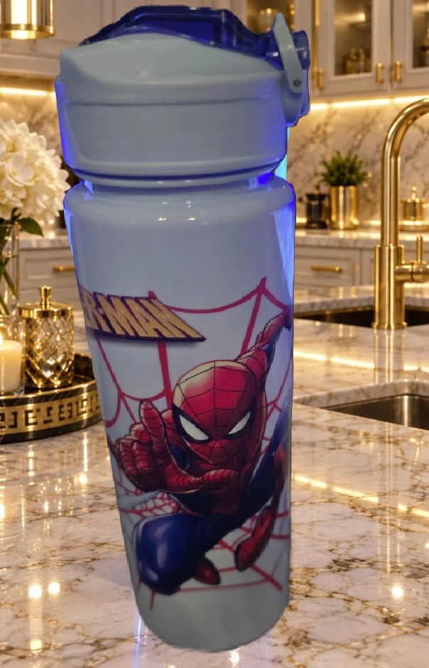Spider-Man water bottle side view in a marble and gold kitchen